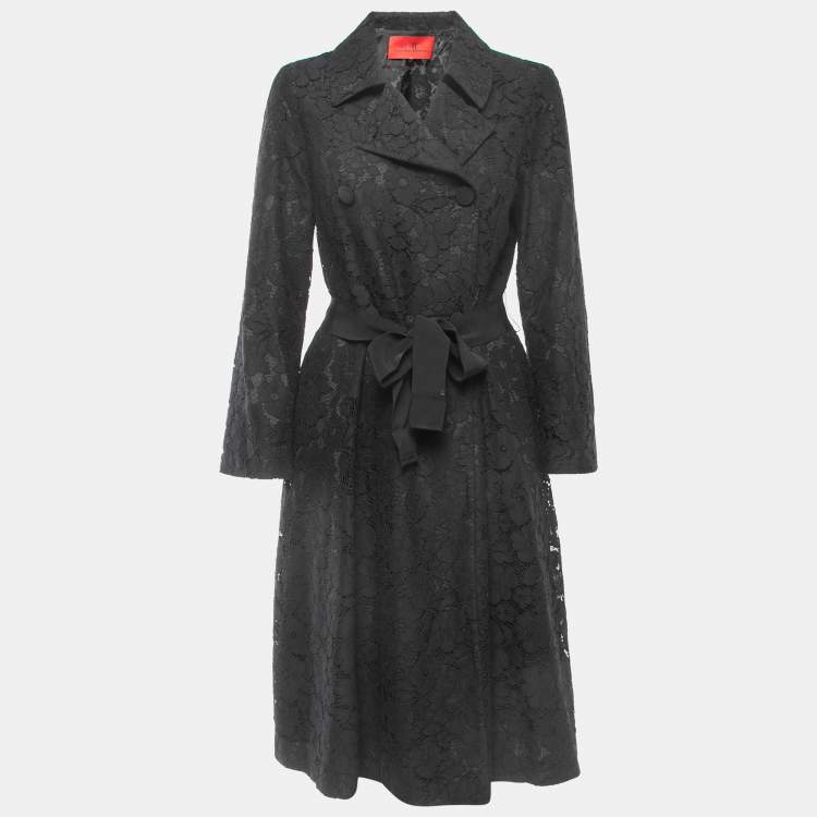 Pre Owned CH Carolina Herrera Black Floral Lace Belted Coat M