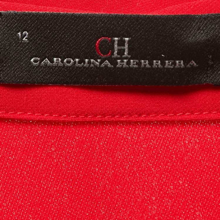 Pre Owned CH Carolina Herrera Red Crepe Pleated Midi Shirt Dress L