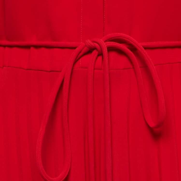 Pre Owned CH Carolina Herrera Red Crepe Pleated Midi Shirt Dress L