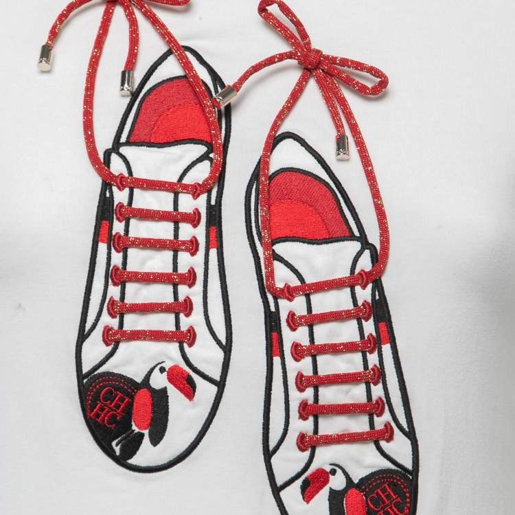 مملوكة مسبقًا CH Carolina Herrera White Cotton Shoe Embroidered Lace Detailed Short Sleeve T-Shirt XS