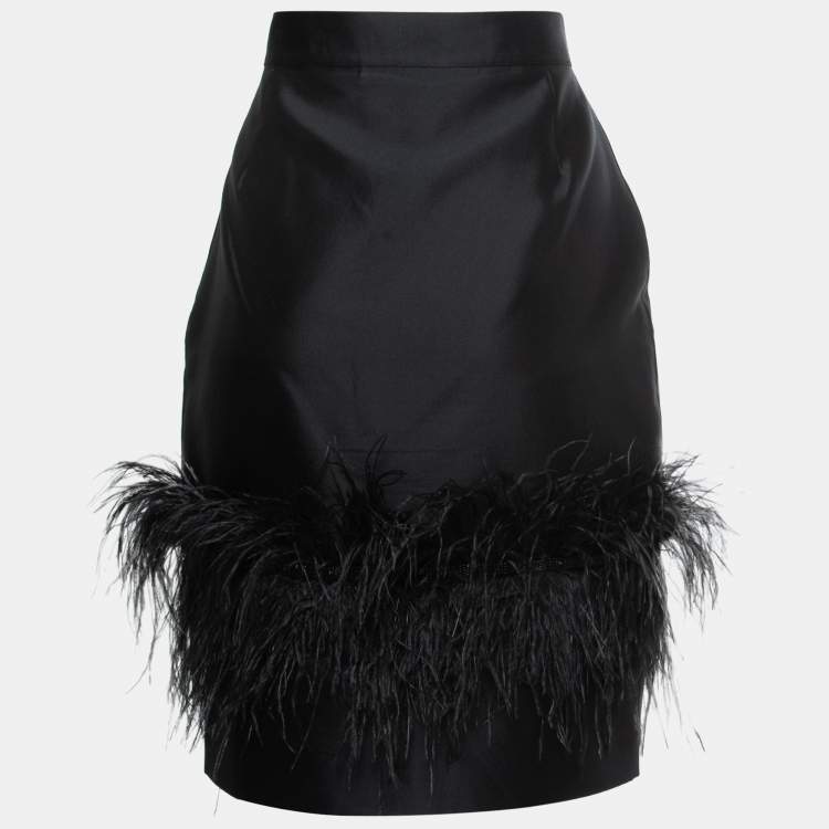 مملوكة مسبقًا CH Carolina Herrera Black Silk Blend Feather Trimmed Knee Length Skirt M