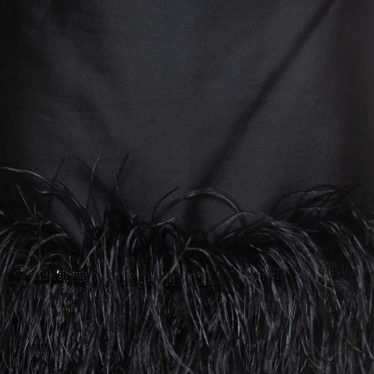 مملوكة مسبقًا CH Carolina Herrera Black Silk Blend Feather Trimmed Knee Length Skirt M