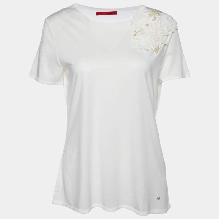 Pre Owned CH Carolina Herrera White Cotton Floral Pearl Applique T-Shirt M
