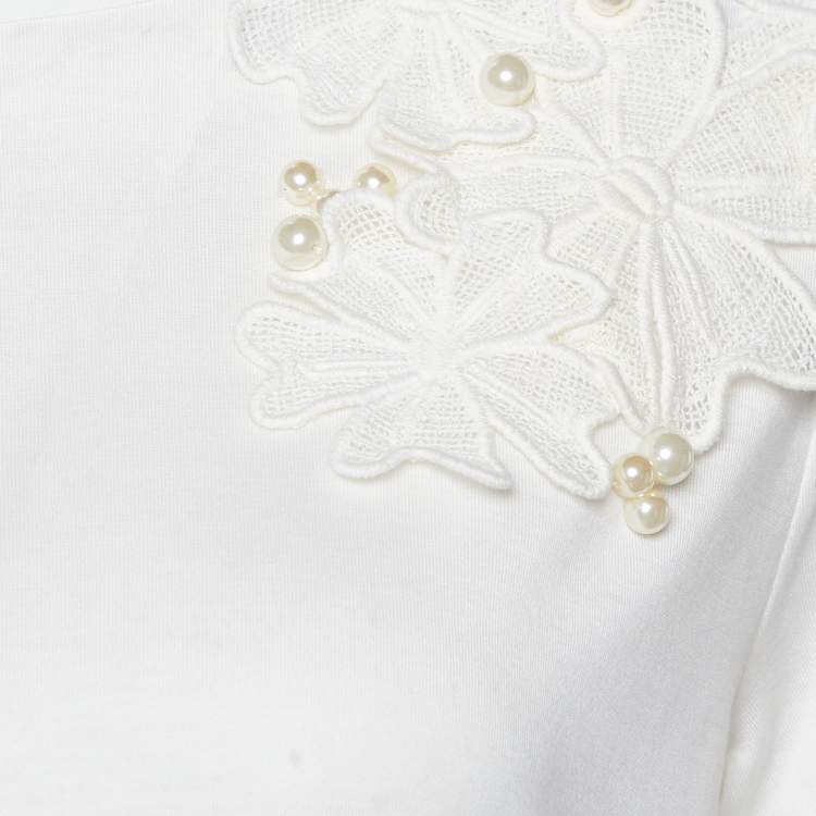 Pre Owned CH Carolina Herrera White Cotton Floral Pearl Applique T-Shirt M