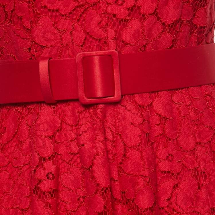 Pre Owned CH Carolina Herrera Red Floral Lace Sleeveless Belted Midi Dress S
