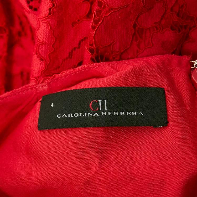 Pre Owned CH Carolina Herrera Red Floral Lace Sleeveless Belted Midi Dress S