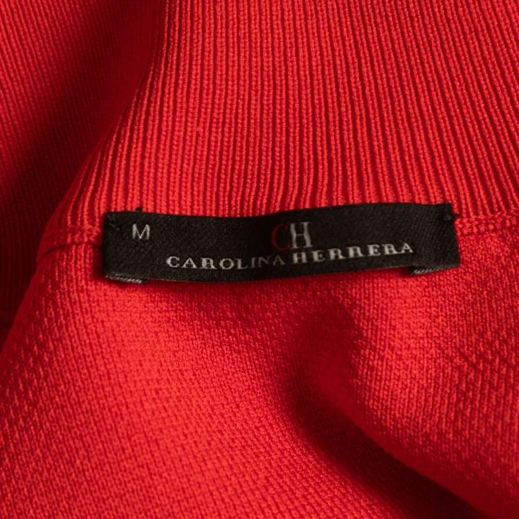 Pre Owned CH Carolina Herrera Red Perforated Knit Zip Up High Neck Polo T-Shirt M