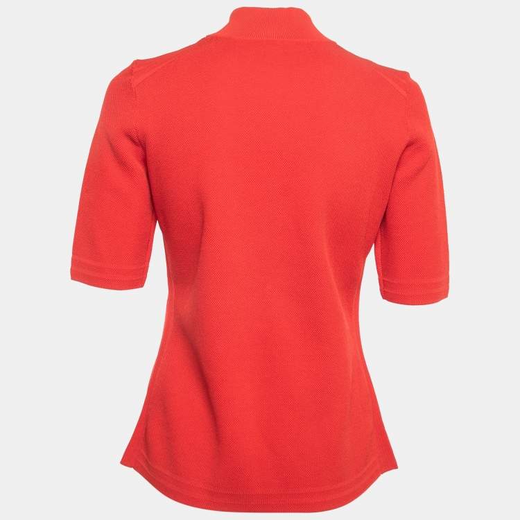 Pre Owned CH Carolina Herrera Red Perforated Knit Zip Up High Neck Polo T-Shirt M