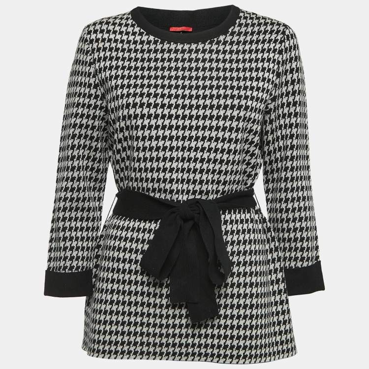 Pre Owned CH Carolina Herrera Black Houndstooth Wool Blend Belted Sweater M