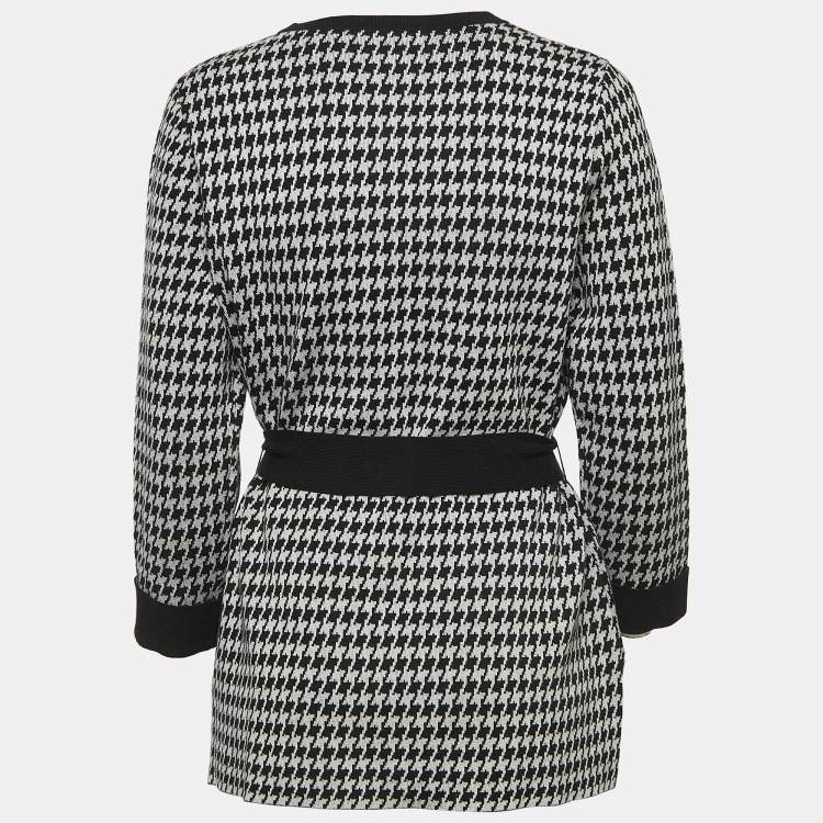Pre Owned CH Carolina Herrera Black Houndstooth Wool Blend Belted Sweater M
