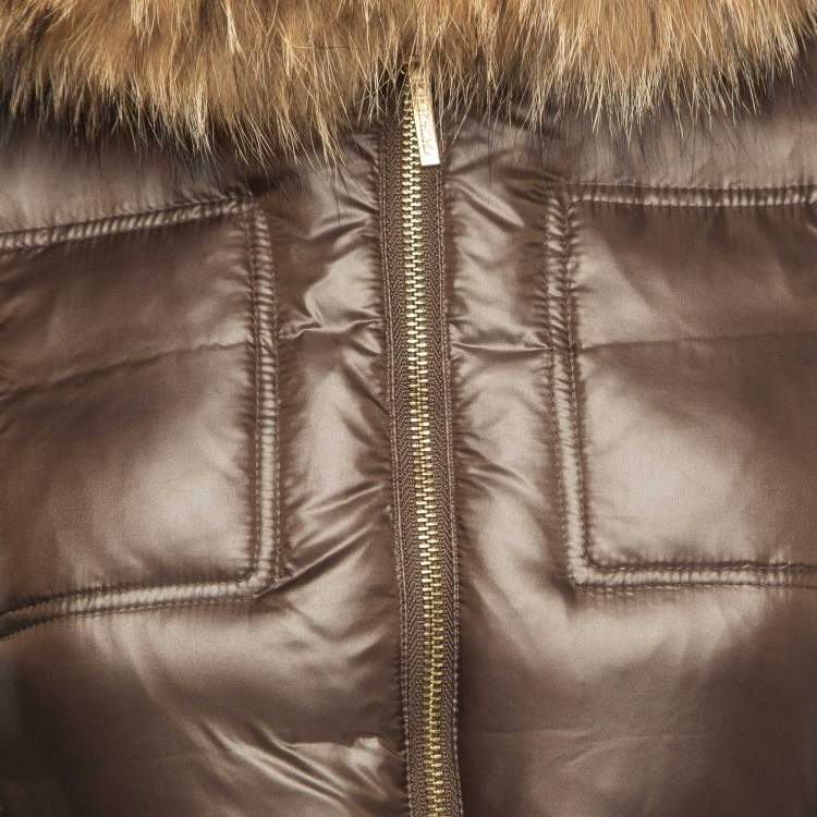 Pre Owned CH Carolina Herrera Brown Nylon Racoon Fur Neckline Zip Front Down Jacket XS
