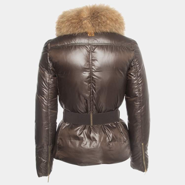 Pre Owned CH Carolina Herrera Brown Nylon Racoon Fur Neckline Zip Front Down Jacket XS