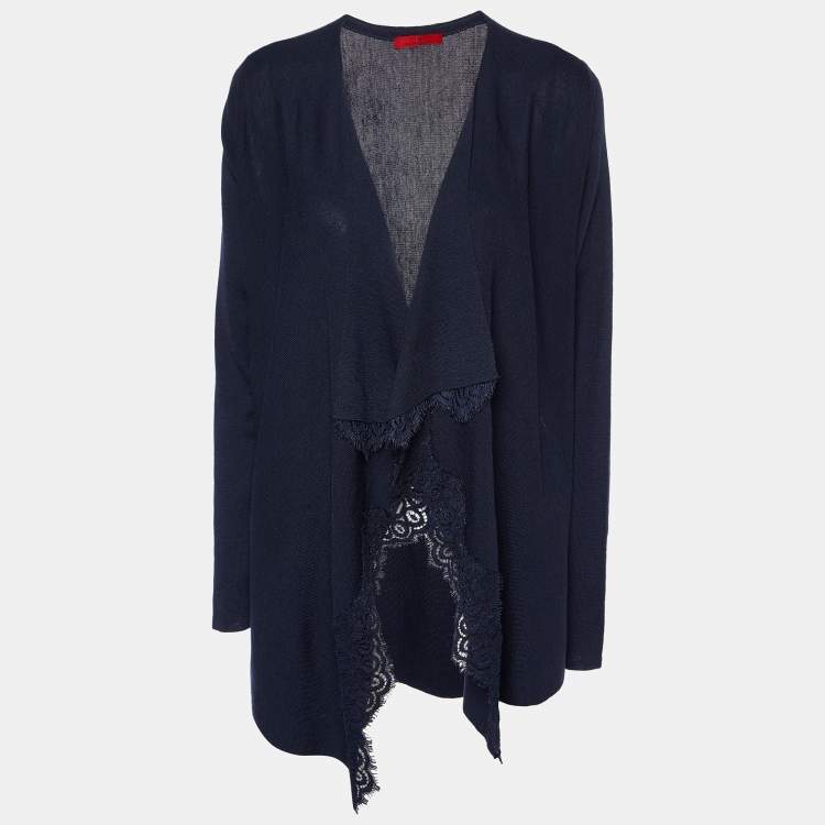 Pre Owned CH Carolina Herrera Navy Blue Wool Knit & Lace Trim Open Front Shrug S