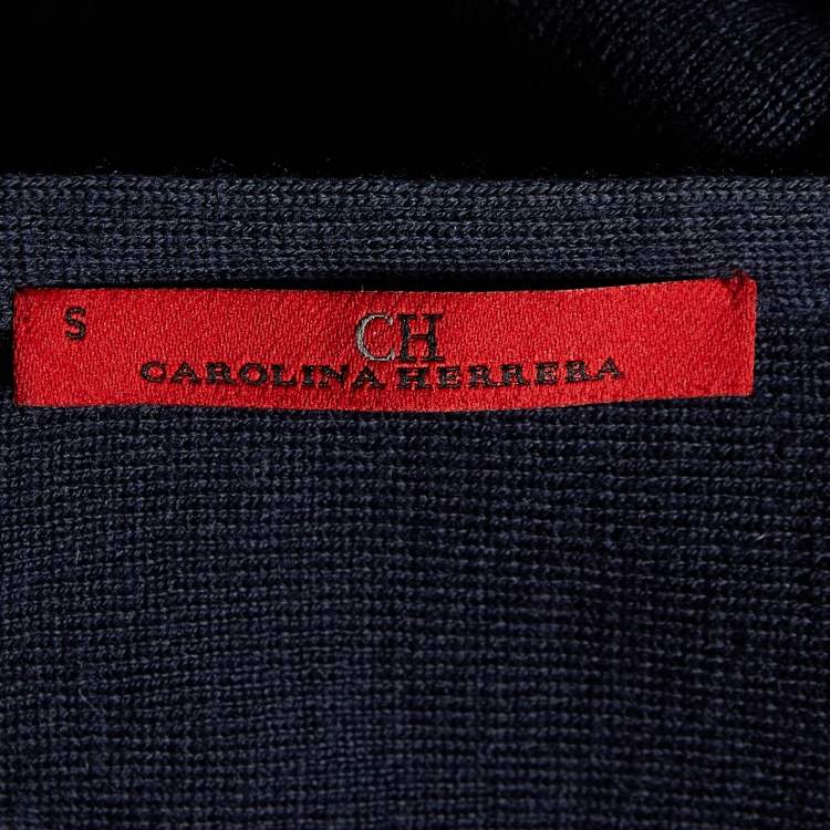 Pre Owned CH Carolina Herrera Navy Blue Wool Knit & Lace Trim Open Front Shrug S