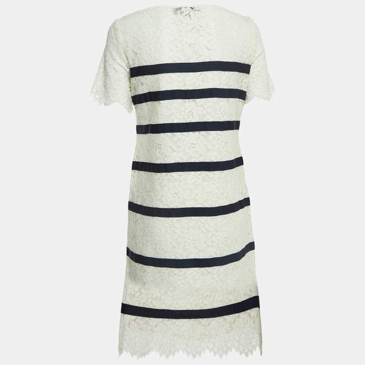 Pre Owned CH Carolina Herrera Off-White Lace Contrast Stripe Detailed Mini Dress S