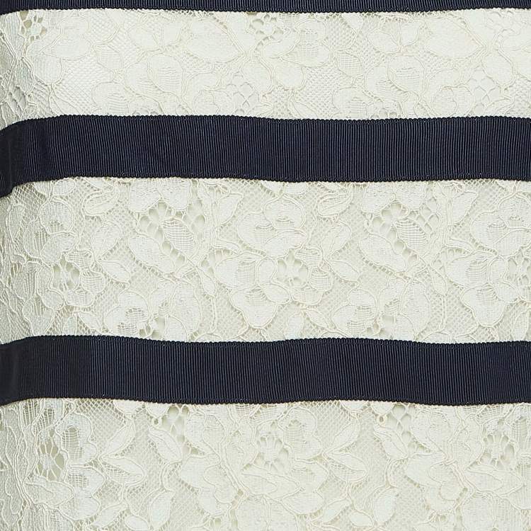 Pre Owned CH Carolina Herrera Off-White Lace Contrast Stripe Detailed Mini Dress S