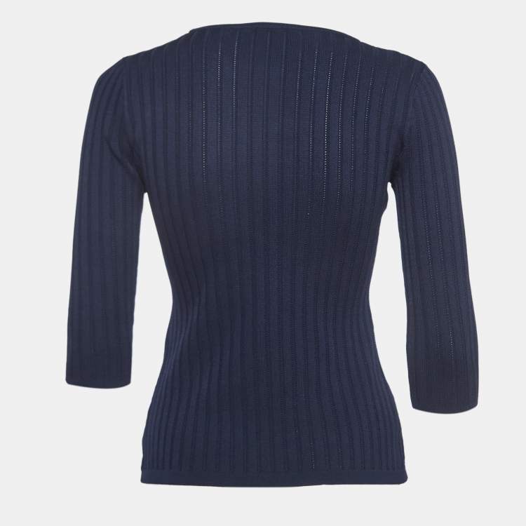 Pre Owned CH Carolina Herrera Navy Blue Ribbed Knit Top XS