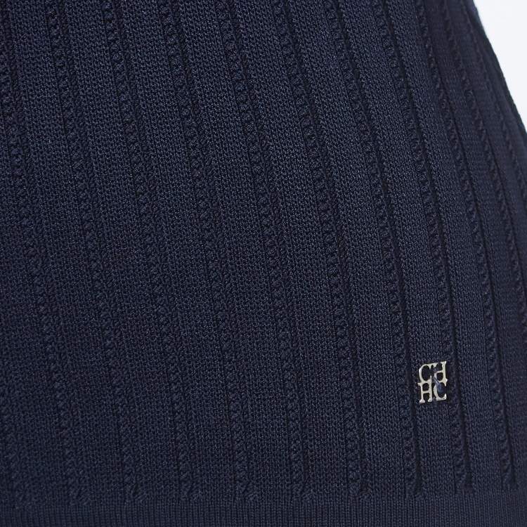 Pre Owned CH Carolina Herrera Navy Blue Ribbed Knit Top XS