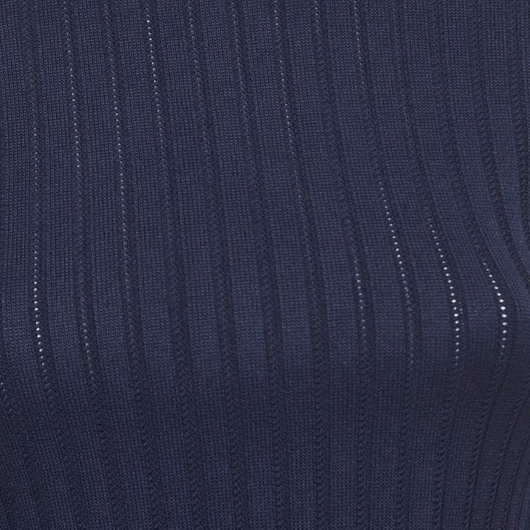 Pre Owned CH Carolina Herrera Navy Blue Ribbed Knit Top XS