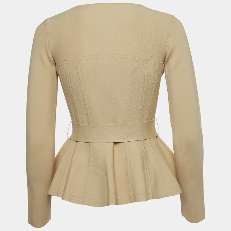 Pre Owned CH Carolina Herrera Beige Knit Belted Peplum Jacket XXS
