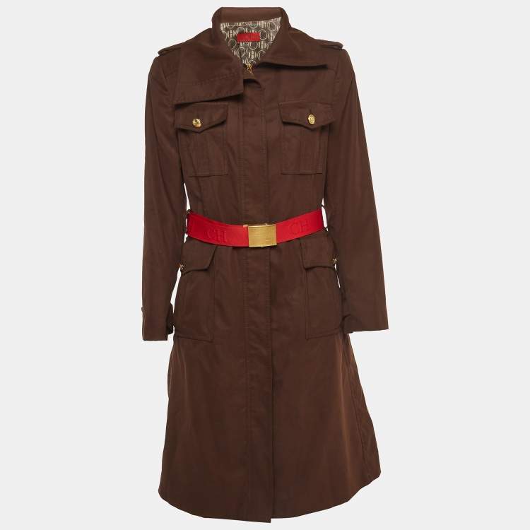 Pre Owned CH Carolina Herrera Brown Zip Front Belted Long Coat L
