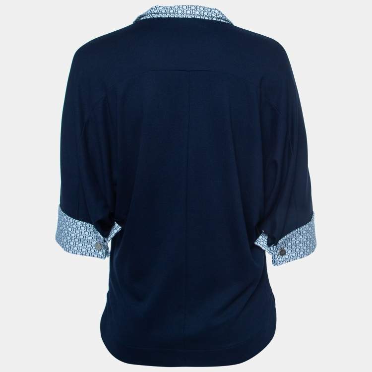 Pre Owned Carolina Herrera Navy Blue Logo Printed Jersey Dolman Sleeve Top XS