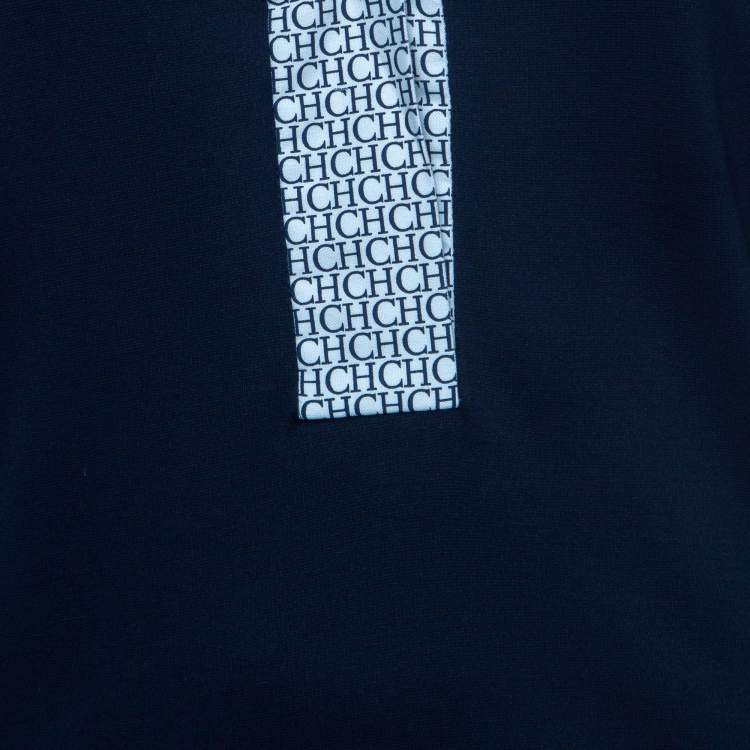Pre Owned Carolina Herrera Navy Blue Logo Printed Jersey Dolman Sleeve Top XS