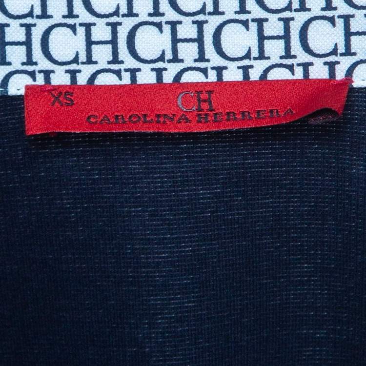 Pre Owned Carolina Herrera Navy Blue Logo Printed Jersey Dolman Sleeve Top XS