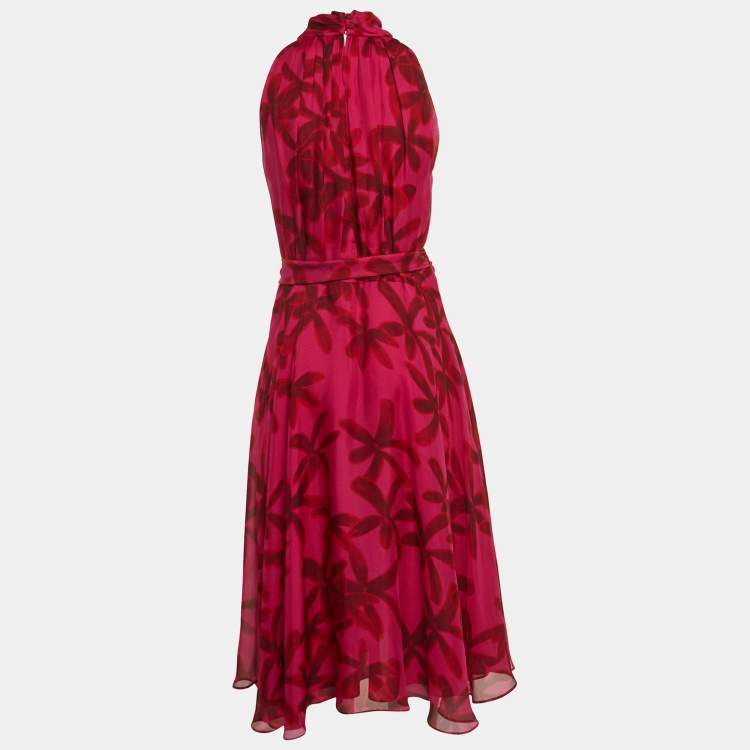 Pre Owned CH Carolina Herrera Pink Floral Print Silk Waist Tie-Up Midi Dress M