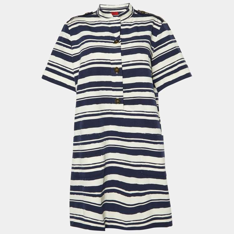 Pre Owned CH Carolina Herrera Navy Blue Striped Silk-Blend Mini Dress L