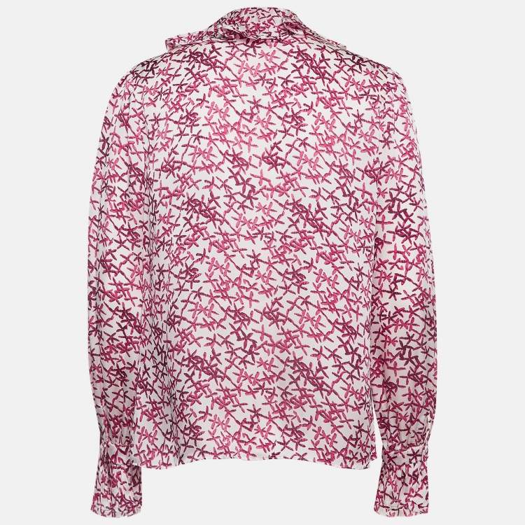 Pre Owned CH Carolina Herrera Pink Printed Satin Ruffled Blouse M