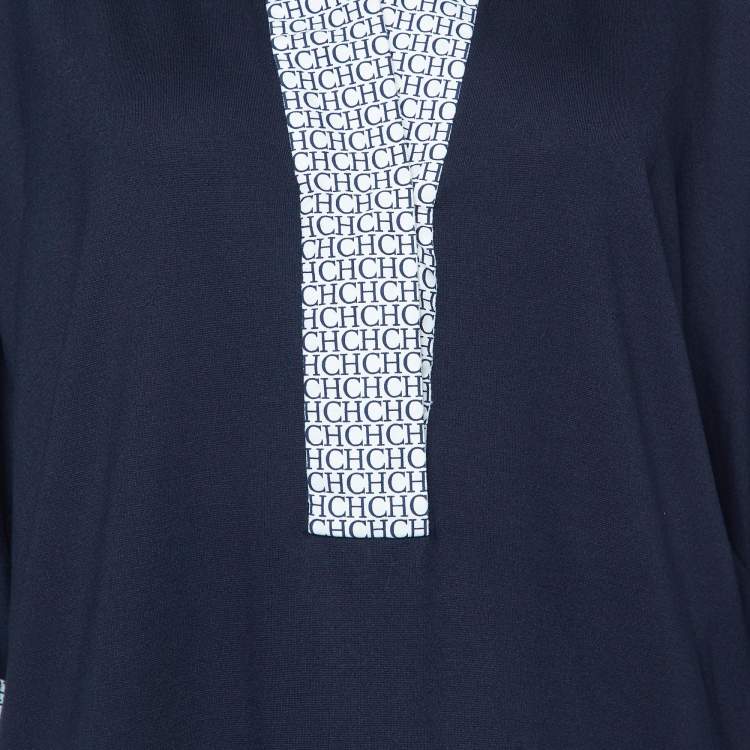 Pre Owned CH Carolina Herrera Midnight Blue Jersey Logo Collar Polo T-Shirt M