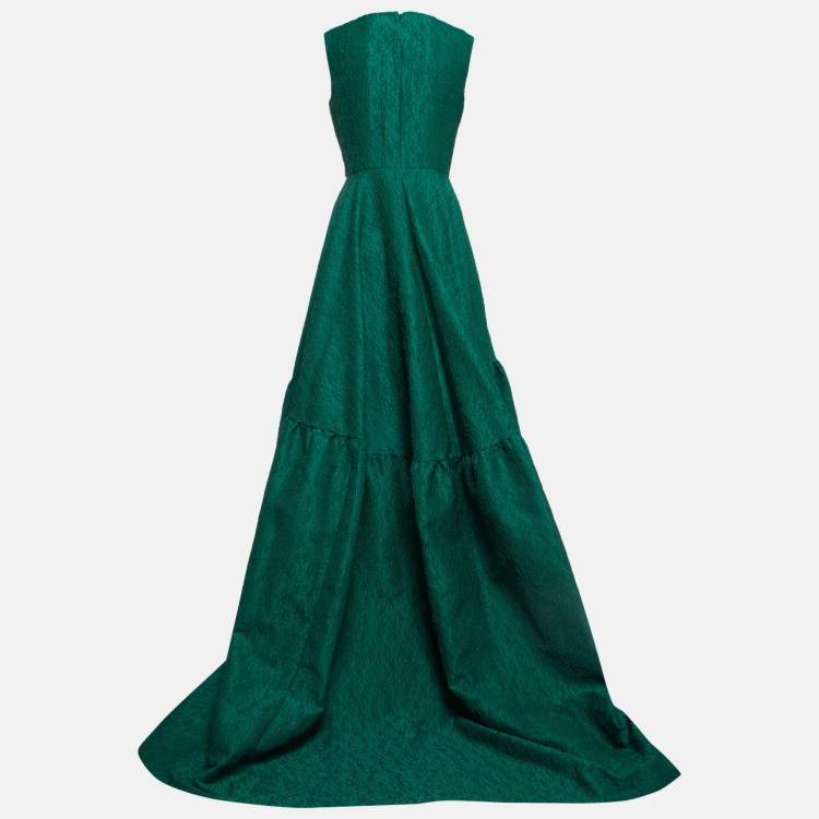 Pre Owned CH Carolina Herrera Green Floral Patterned Jacquard Sleeveless Gown M