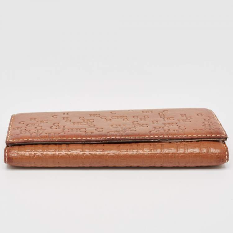 Pre Owned CH Carolina Herrera Brown Monogram Embossed Leather Trifold Continental Wallet