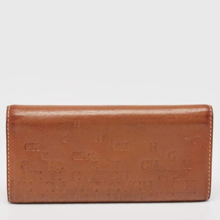 Pre Owned CH Carolina Herrera Brown Monogram Embossed Leather Trifold Continental Wallet
