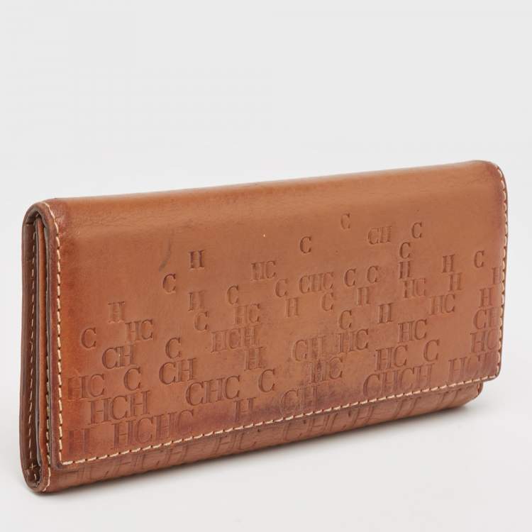 Pre Owned CH Carolina Herrera Brown Monogram Embossed Leather Trifold Continental Wallet