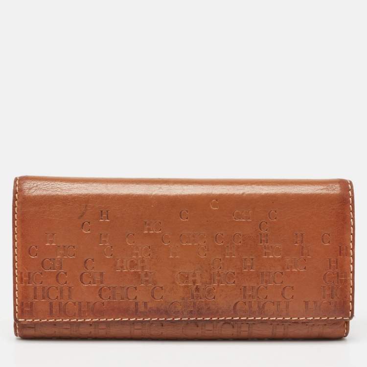 Pre Owned CH Carolina Herrera Brown Monogram Embossed Leather Trifold Continental Wallet