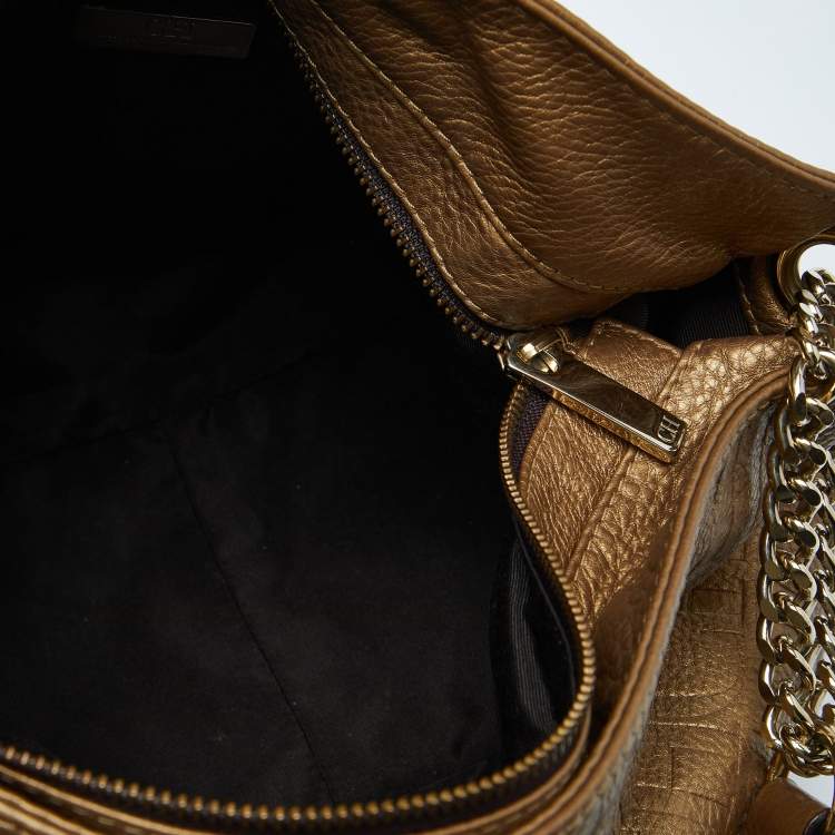 Pre Owned CH Carolina Herrera Gold Monogram Embossed Leather Chain Bow Hobo