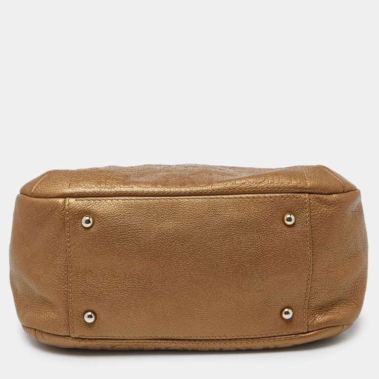 Pre Owned CH Carolina Herrera Gold Monogram Embossed Leather Chain Bow Hobo