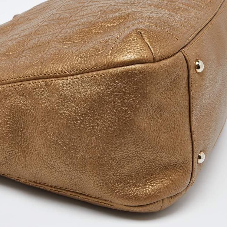 Pre Owned CH Carolina Herrera Gold Monogram Embossed Leather Chain Bow Hobo