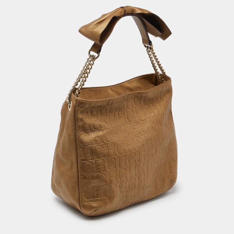 Pre Owned CH Carolina Herrera Gold Monogram Embossed Leather Chain Bow Hobo