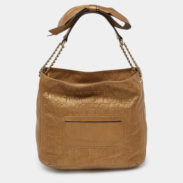 Pre Owned CH Carolina Herrera Gold Monogram Embossed Leather Chain Bow Hobo
