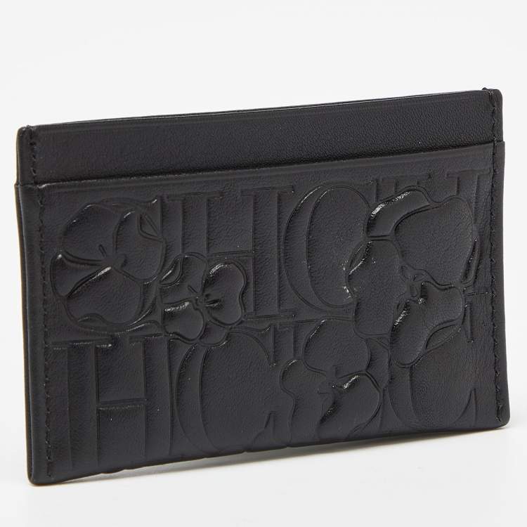 Pre Owned CH Carolina Herrera Black Monogram Embossed Leather Card Holder