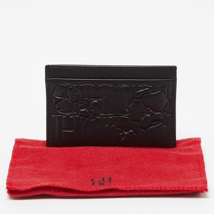 Pre Owned CH Carolina Herrera Black Monogram Embossed Leather Card Holder