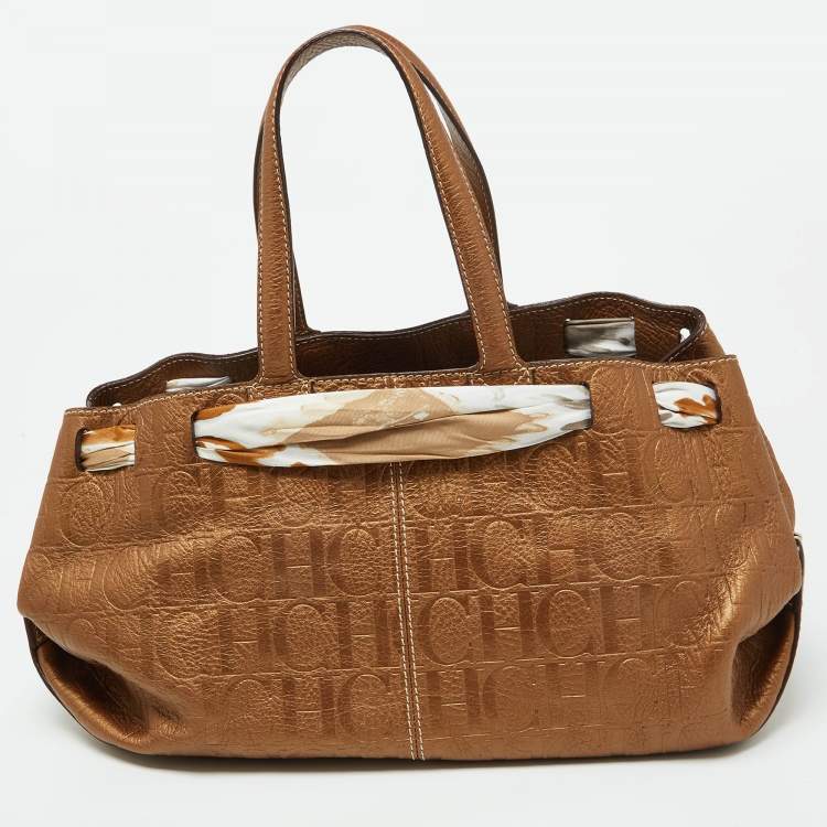 Pre Owned CH Carolina Herrera Bronze Monogram Embossed Leather Scarf Tote