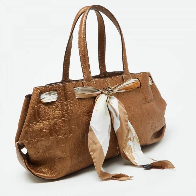 Pre Owned CH Carolina Herrera Bronze Monogram Embossed Leather Scarf Tote