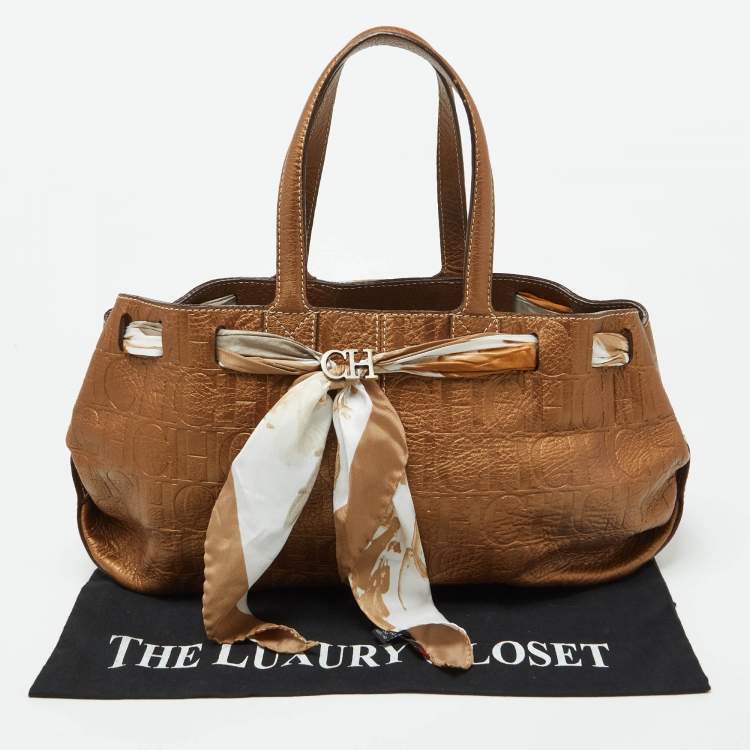 Pre Owned CH Carolina Herrera Bronze Monogram Embossed Leather Scarf Tote