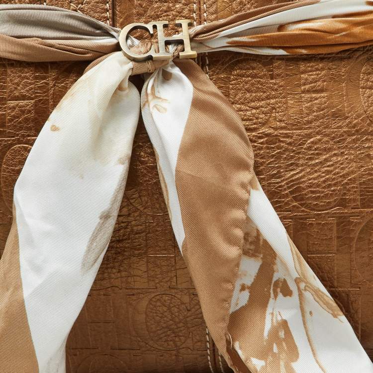 Pre Owned CH Carolina Herrera Bronze Monogram Embossed Leather Scarf Tote