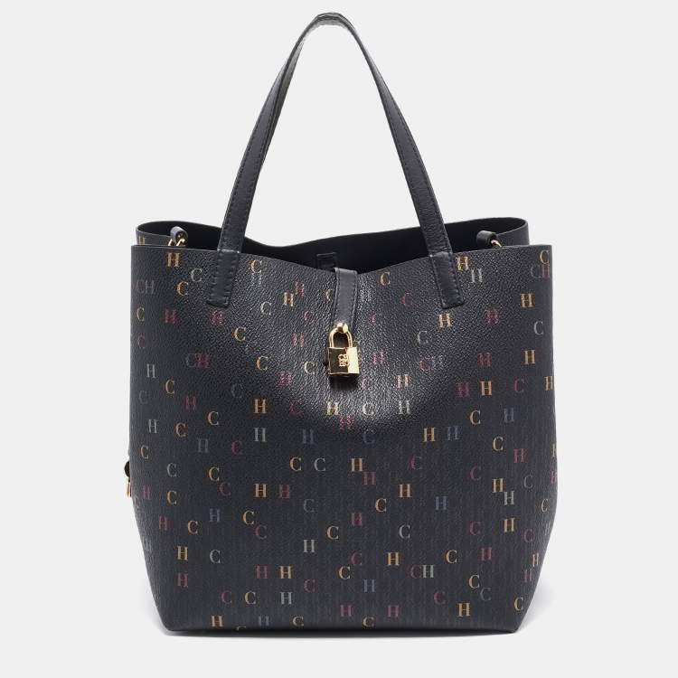 Pre Owned CH Carolina Herrera Black Monogram Coated Canvas Medium Matryoshka Locked Tote