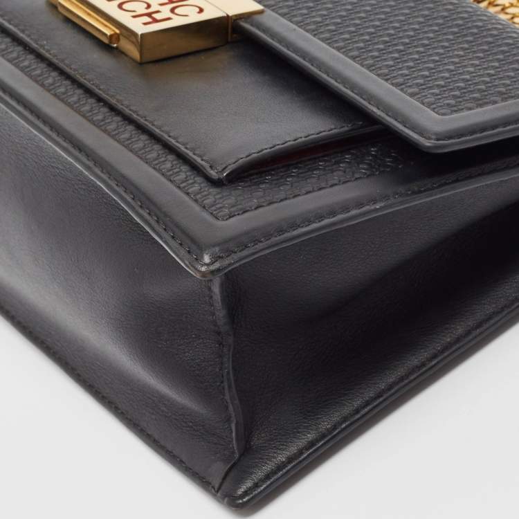 Pre Owned CH Carolina Herrera Black Monogram Embossed Leather Flap Shoulder Bag